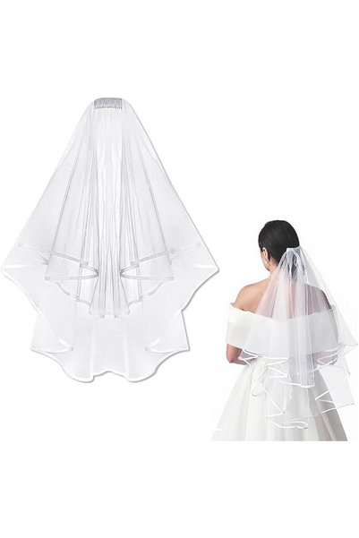 Goodern Wedding Bridal Veil with Comb,2 Tier White Short Tulle Bride Veil Rib...