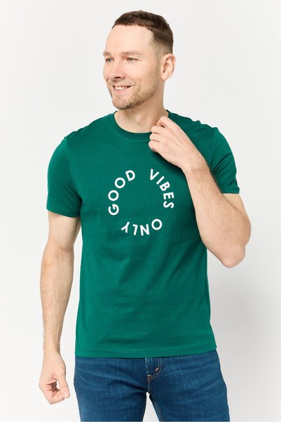 CELIO Men Crew Neck Short Sleeves Graphic Print T-Shirt, Dark Green