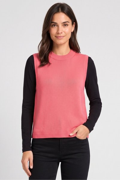 Brave Soul Women Crew Neck Sleeveless Knitted Vest Sweater, Coral