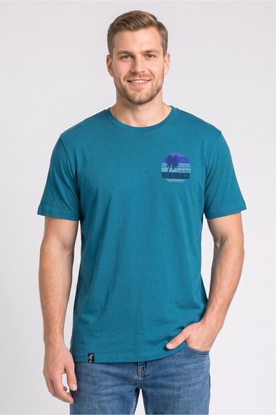 Sinsay Men Crew Neck Short Sleeve Graphic Print T-Shirt, Teal Blue