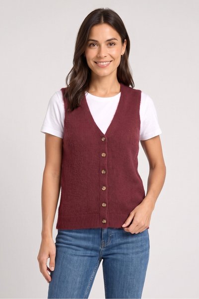 Brave Soul Women V-Neck Sleeveless Knitted Cardigan, Maroon