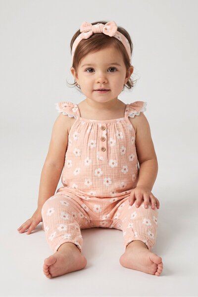 Emily and Oliver Toddlers Girl 2 Pcs Floral Print Rompers With Headband Set, ...