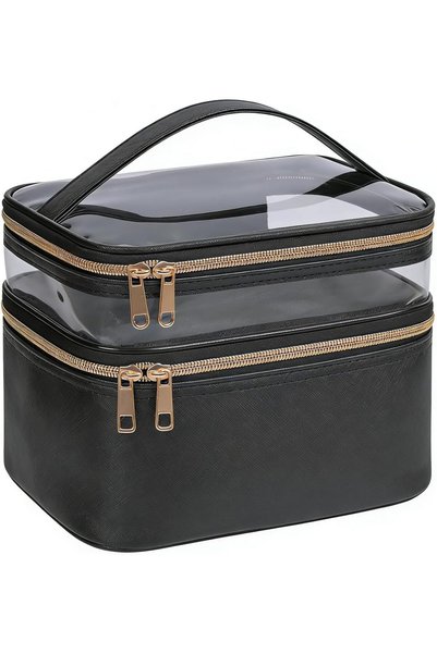 ANYUAN Makeup Bag with Brush Storage, Double Layer Clear Top Waterproof PU Le...