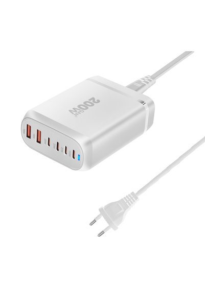Choice شاحن مكتبي EU-W بقوة 200 واط بتقنية GaN، شاحن USB-C بـ 6 منافذ، شحن سر...