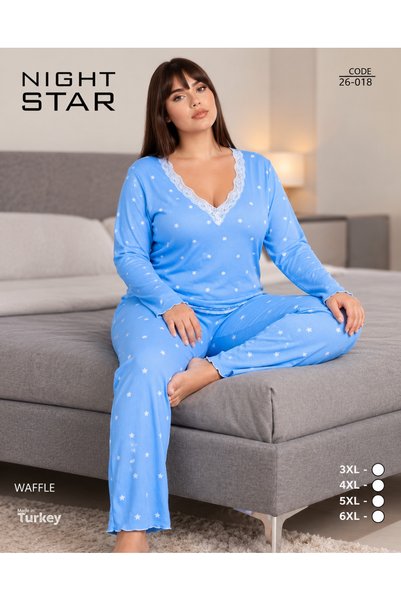 Night Star İkon Lace Star Patterned Large Size Long Sleeve Pajama Set