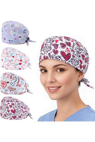 TERRIFI Printed Bouffant Working Caps with Buttons, 4 Pack Adjustable Cotton ...