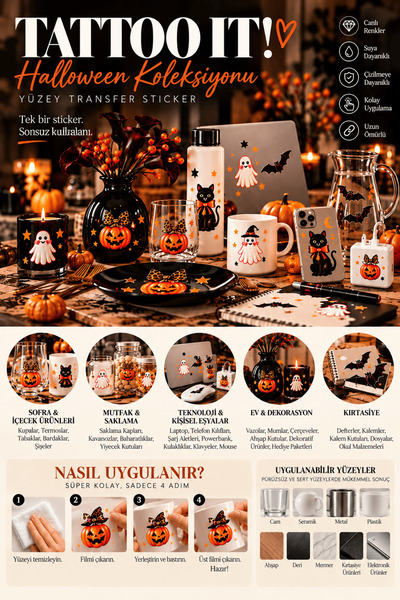 SHG HOME ShgHome Yıkanabilr Halloween Tattoo Sticker_ Cadılar Bayramı Çıkartm...