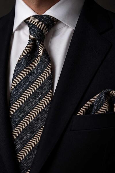Kravatkolik Black Beige Herringbone Pattern Classic Tie with Handkerchief Kk1...