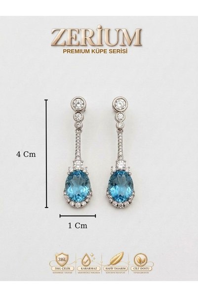ZERİUM Women's Earrings Blue Oval Stone Zircon Detailed Dangle Model