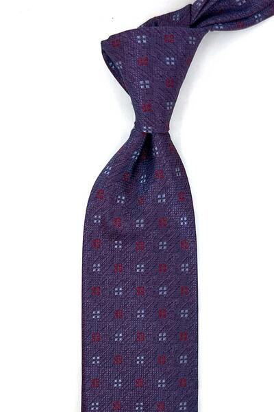 Kravatkolik Burgundy Blue Small Pattern Classic Tie with Handkerchief Kk14144