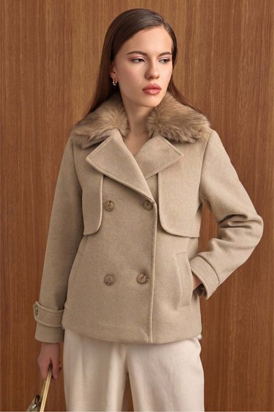 Olcay Detachable Fur Cape Detailed Short Coat Stone 3202