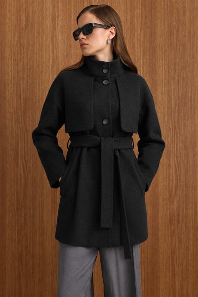 Olcay Oversized Short Coat with High Collar and Cape Detail Black 3201