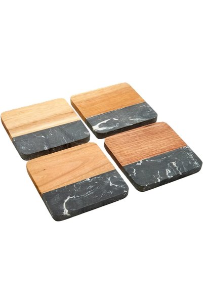 Generic Acacia Wood and Marble Coaster Set, 4 Pieces, Square Drink Coasters, ...