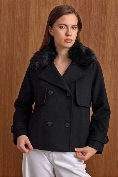 Olcay Removable Fur Cape Detailed Short Coat Black 3202