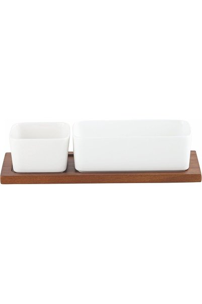 Generic Acacia Wood Porcelain 2 Pieces Serving Set, 29cm, White & Brown