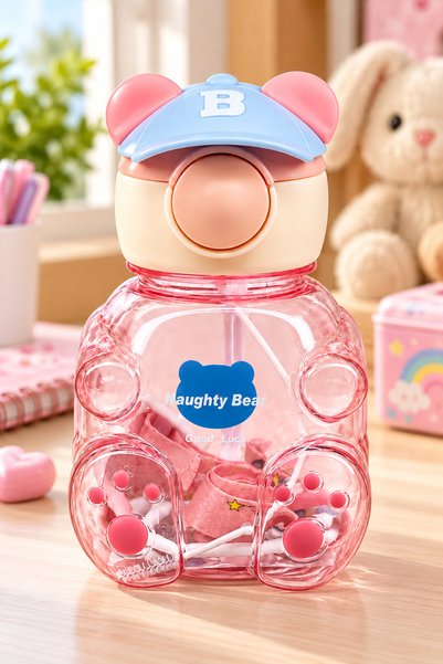 Comprox Teddy Bear Design Water Bottle with Hat and Straw – Cute Bear Figure,...