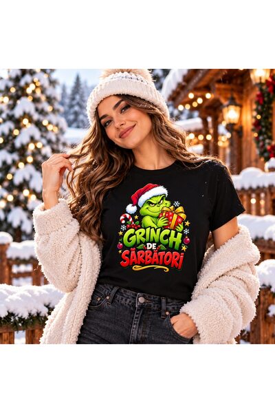 OEM Tricou personalizat cu mesaj: Grinch pentru sărbători, 100% bumbac, negru...