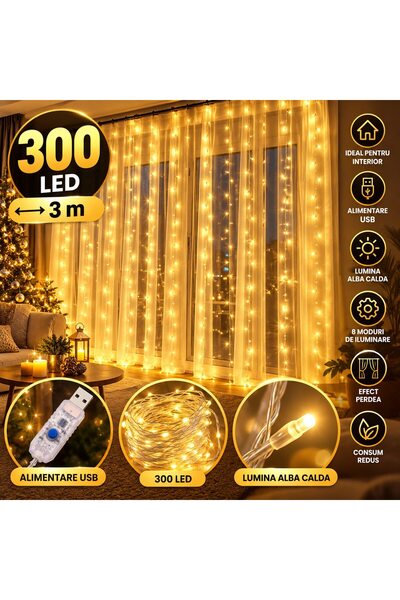 EBA Perdea luminoasă LED, 300 LED-uri, 3 m, 10 benzi, lumină alb cald, alimen...