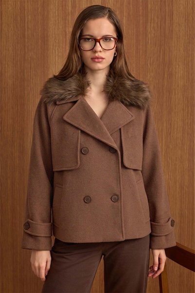Olcay Removable Fur Cape Detailed Short Coat A.Kahve 3202