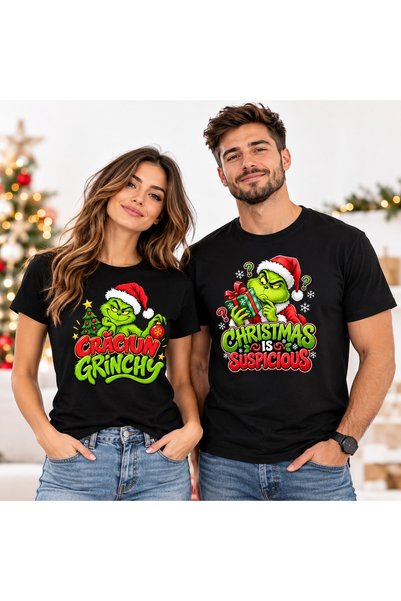 OEM Set de 2 tricouri personalizate cu mesaj: Crăciun Grinchy, Crăciunul este...