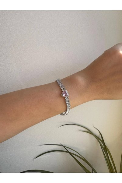 GAMBU Pink Heart Baguette Stone Silver Color Bracelet