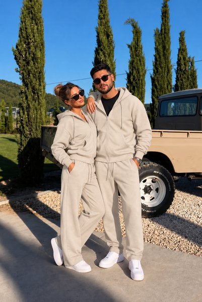 YAKAMEL Kadın Erkek Sevgili Kombini Kapüşonlu Fermuarlı Oversize 3 İplik Bol ...
