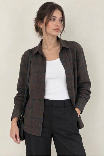 Meşe Moda Kadın Kahverengi Ekose Oversize Gömlek