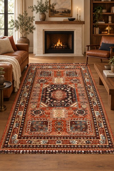 Tandra Nostaljik Kilim Kiremit Robot Süpürge Uyumlu Saçaklı Oturma Odası Salon Halısı