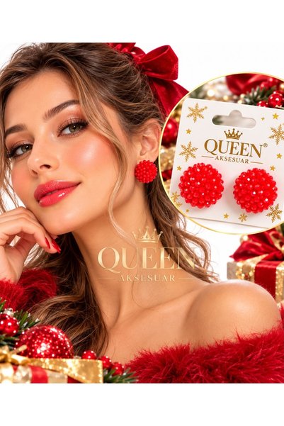 QUEEN AKSESUAR Red Shiny Crystal Bead Embellished 3cm Round Stud Big Ball Ear...