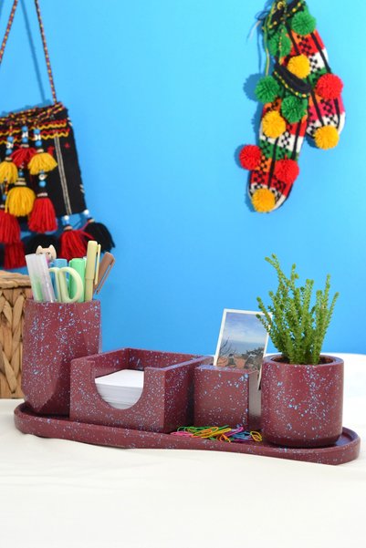 Bi' Dolu Dükkan Burgundy Blue Fan Six-Piece Office Set |   Pen Holder Flower ...