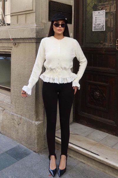 KECHİ WOMAN Lace-Up Elastic Knitwear Cardigan White