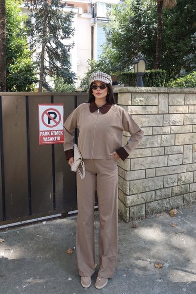 KECHİ WOMAN Gabardine Fabric Zippered Collar-Trimmed Jacket Beige