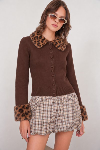 Mixray 6979 Cardigan vintage din tricotaj cu nasturi și guler din blană de le...