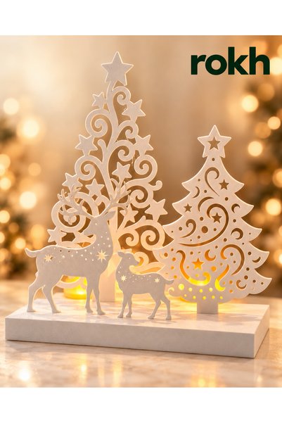 ROKH Starry Pine Tree Decoration with Deer and Cub 🦌   2 Led Tealights Inclu...