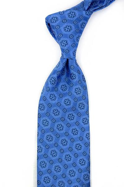 Kravatkolik Blue Motif Pattern Classic Tie with Handkerchief Kk14074