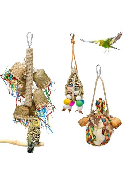 Generic 3pcs Parrot Chewing Rattan Corn Husk Toys Handmade Bamboo Palm Leaf T...