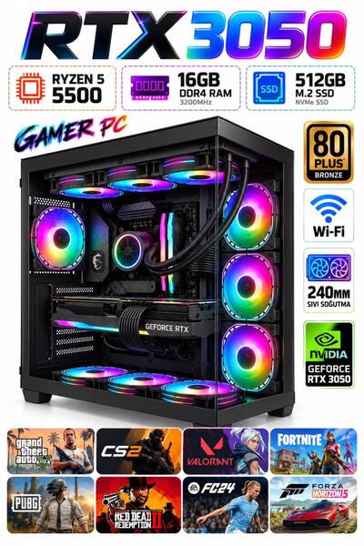 Apphirex Rebirth X86 Ryzen 5 5500 16GB 512GB M.2 SSD RTX3050 Sıvı Soğutmalı M...