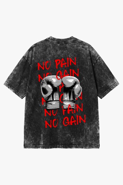 Sekizbiraltı No Pain No Gain Printed Black Washed Oversize Unisex T-Shirt