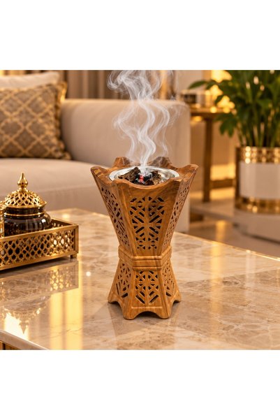 Generic Brand مبخرة خشبية فاخرة بتصميم هندسي عربي محفور – مبخرة بخور بوعاء معدني للمجالس والمنزل والضيافة