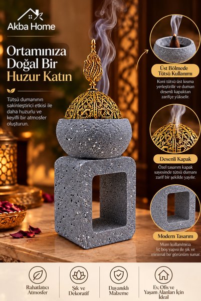 AKBA HOME Seramik Buhurdanlık Metal İşlemeli Kubbeli Kapaklı Mum Hazneli Otan...