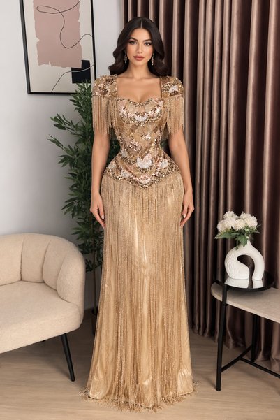 Barly فستان سهرة فاخر باللون الذهبي الشامبانيا، يتميز بقصة أنيقة مزينة بالترت...