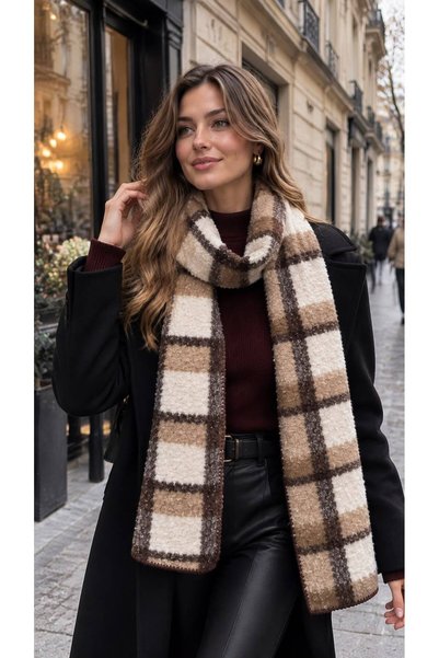 FELLMENS Eșarfă de damă cu model pătrat bej, cu textură moale