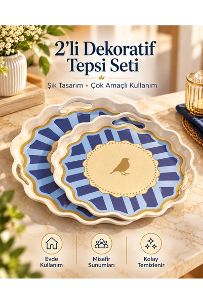 2’li Kuş Desenli Dekoratif Sunum Tepsisi Seti – Dalgalı Kenarlı, Kulplu, Mavi