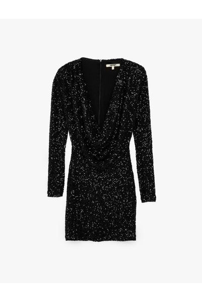Koton Pullu Payetli Slim Fit Degaje Yaka Uzun Kollu Bodycon Mini Abiye Elbise