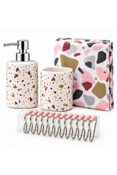 BOGVAL Set de accesorii pentru baie din 4 piese, Perdea de duș 180x180 cm, Do...