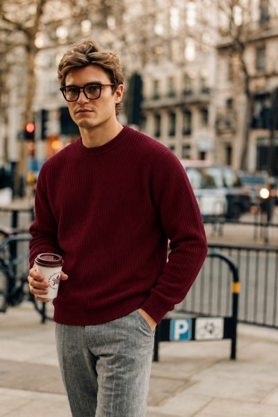DAMGA JEANS Men's Crew Neck Ribbed Knitwear Claret Red Sweater