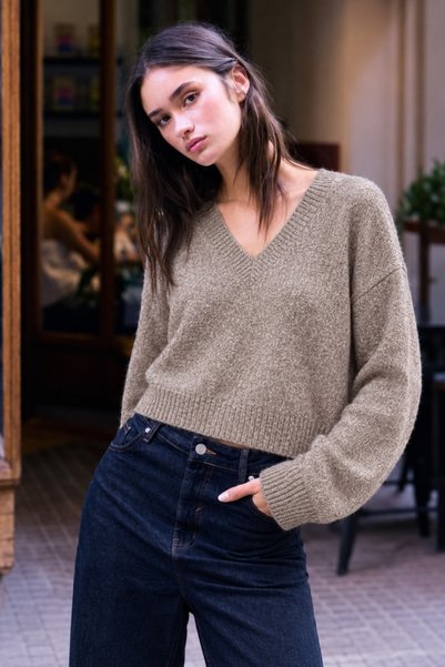 DAMGA JEANS Γυναικείο μακρυμάνικο πουλόβερ με λαιμόκοψη V σε μπεζ χρώμα