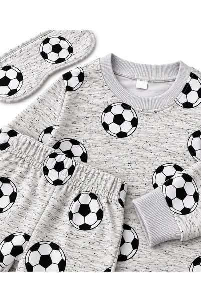 ALİŞ KİDS Boys' Cotton Hooded Gray Football Patterned Long Sleeve Winter Pajama Set