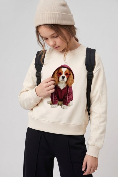 Dmb Girl's 9-14 Years Old Dog Printed Sweatshirt Cream
