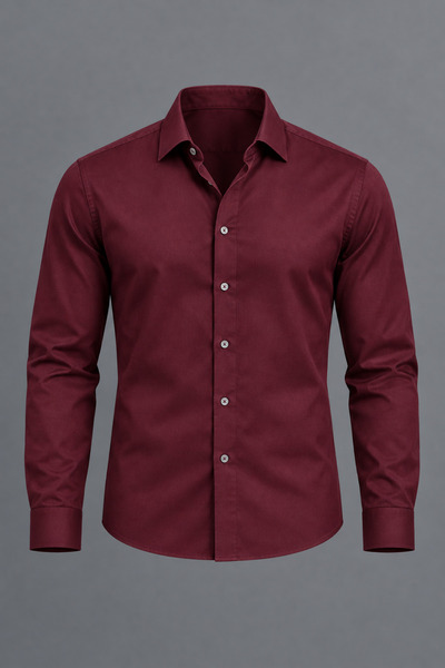 DAMGA JEANS Men's Classic Collar Long Sleeve Buttoned Slim Fit Claret Red Shirt